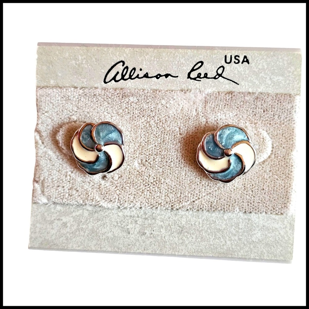 Vintage ALLISON REED Swirl Flower Light Blue White Silver Tone PIERCED EARRINGS